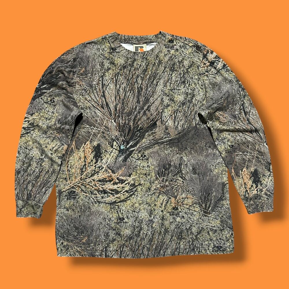 Vintage Camo Shirt Mossy Oak Brush Long Sleeve Hunting Russell Outdoors 90s y2k